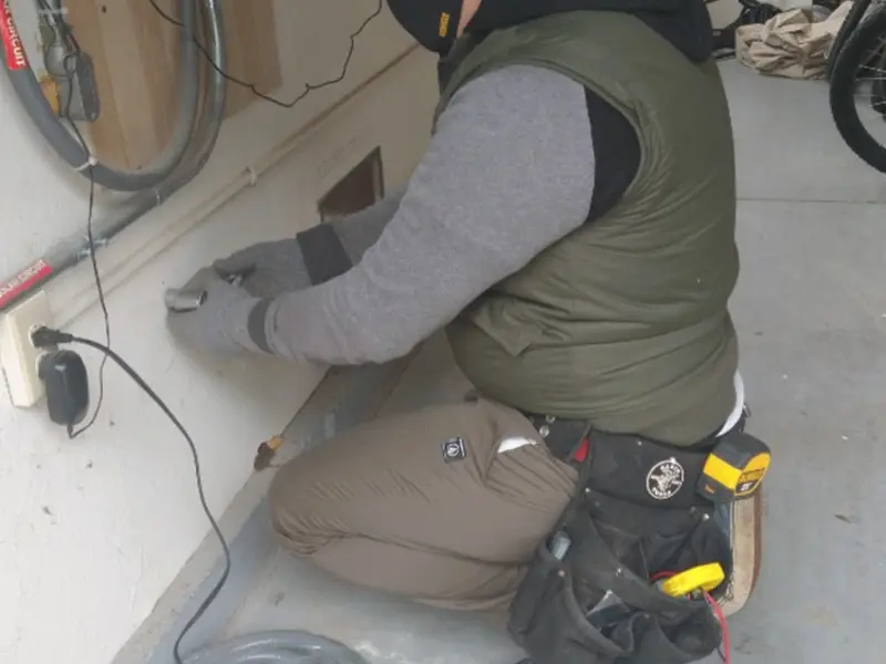 Electrician performing outlet wiring in a Albertville garage